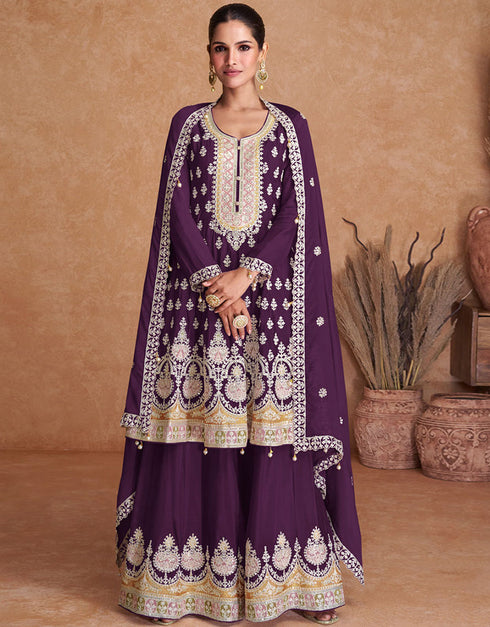 Designer Heavy Traditional Salwar Kameez Purple Real Chinon Palazzo Suit Front View